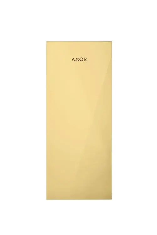 Goldene Platte mit hochglänzender Oberfläche, beschriftet mit "AXOR", auf weißem Hintergrund.